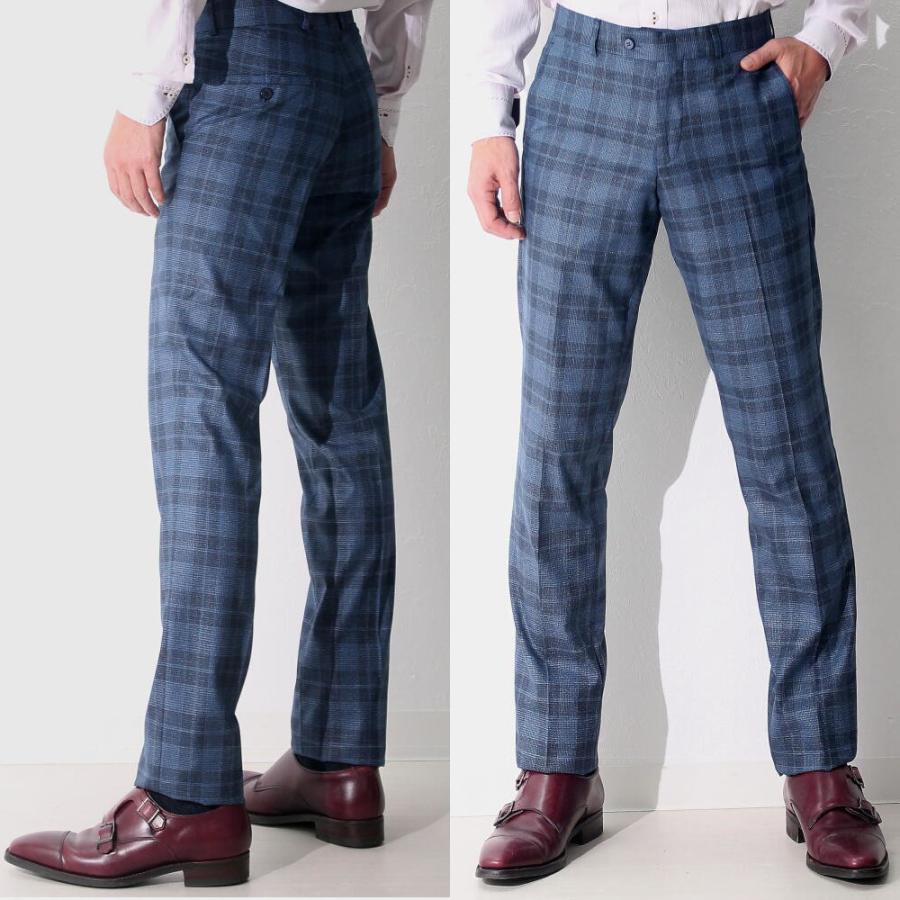 スラックス メンズ スリム テーパード パンツ 青/紺 チェック 春/秋/冬