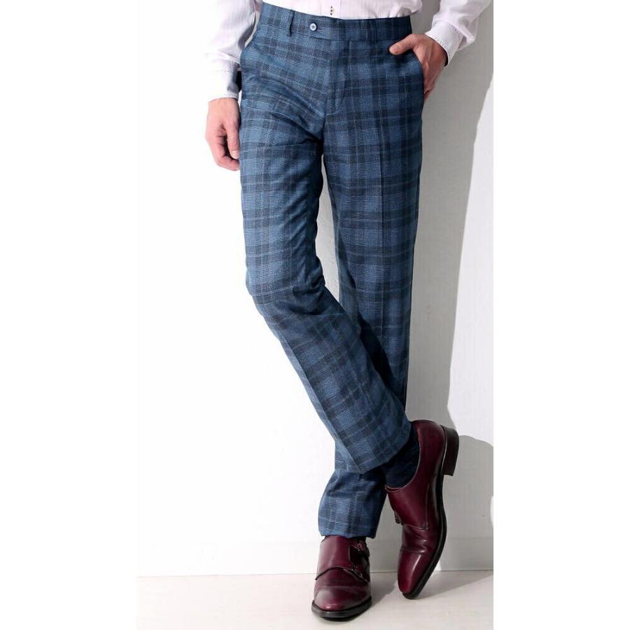 スラックス メンズ スリム テーパード パンツ 青/紺 チェック 春/秋/冬