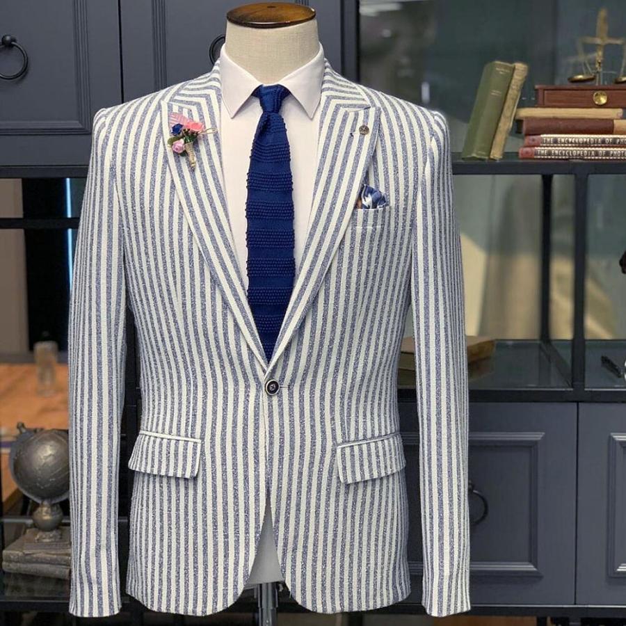 新品高級ラインREGENCE ストライプテーラードジャケット白紺春服麻
