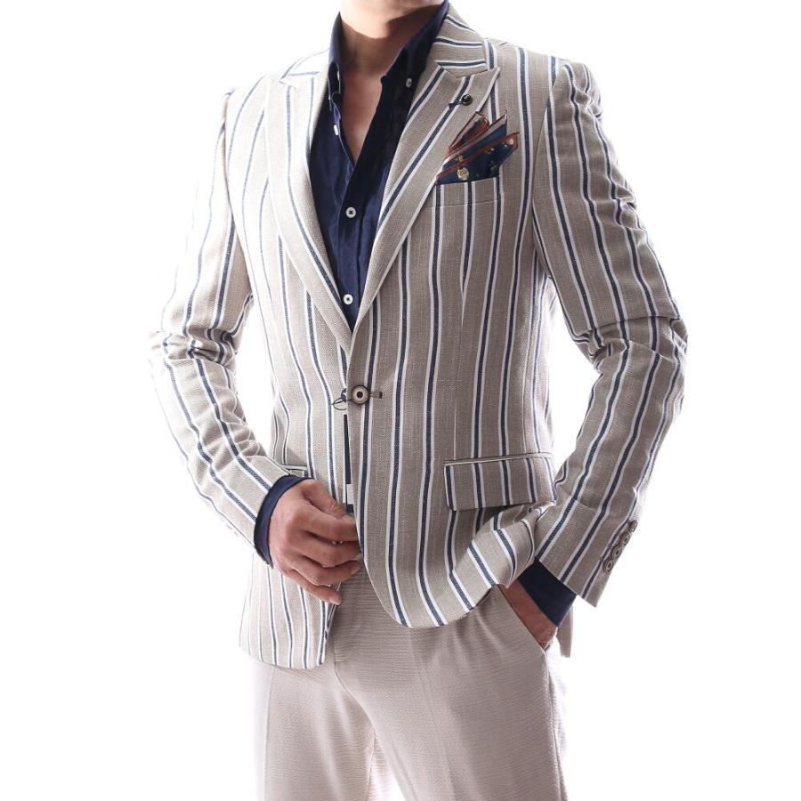 テーラードジャケット ブレザー ベージュ 麻/リネン ストライプ 春/秋
