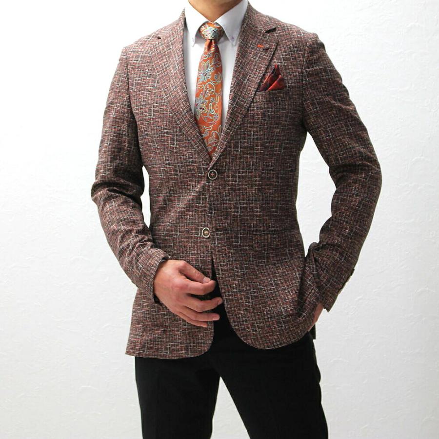 テーラードジャケット ブレザー ツイード調柄 ストレッチ 茶オレンジ
