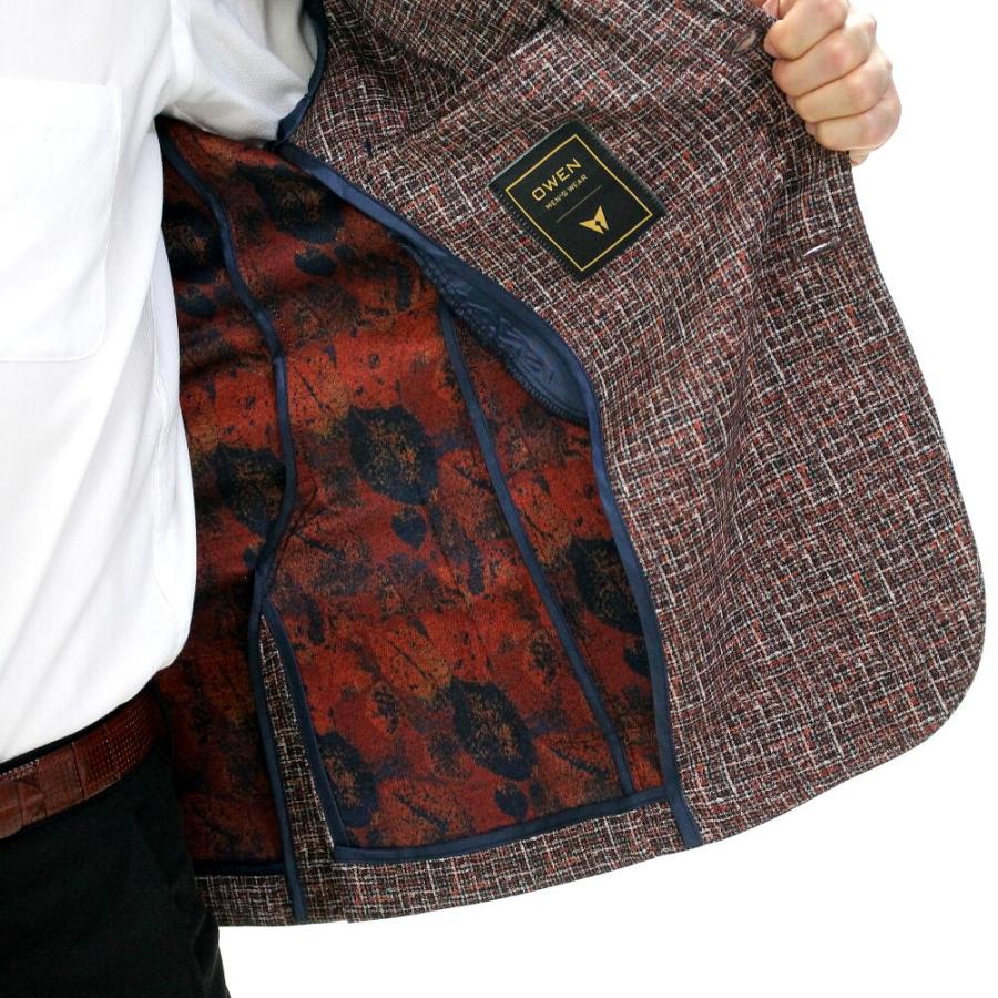 テーラードジャケット ブレザー ツイード調柄 ストレッチ 茶オレンジ