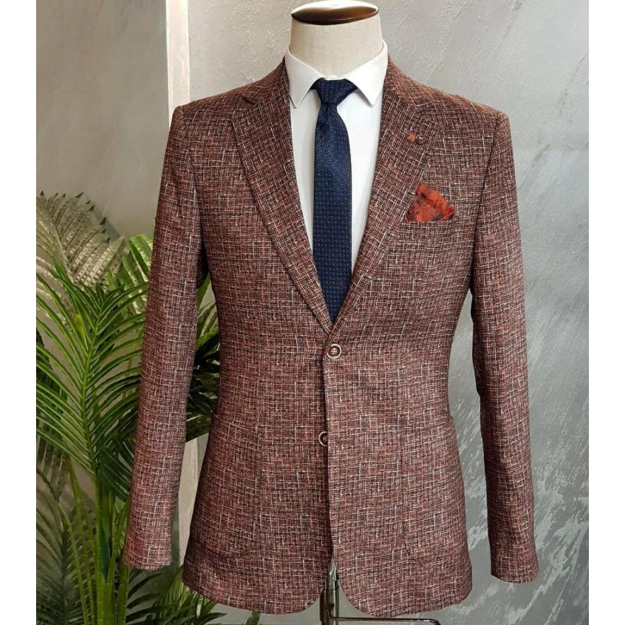 テーラードジャケット ブレザー ツイード調柄 ストレッチ 茶オレンジ