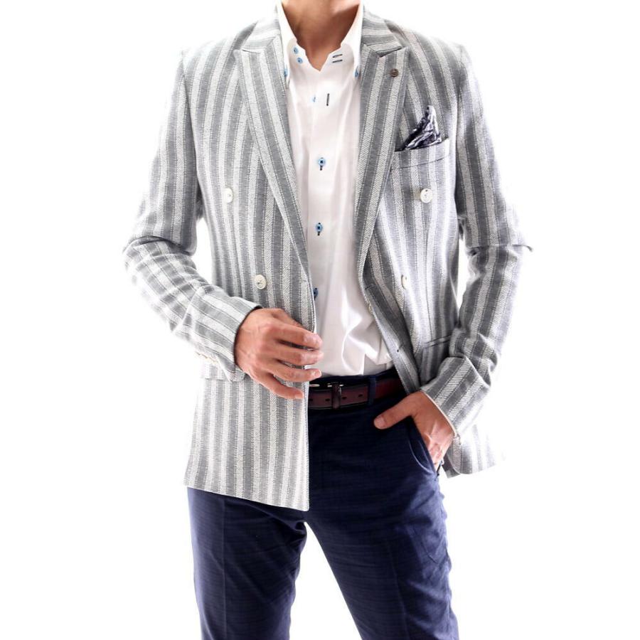 テーラードジャケット ダブル ブレザー ストライプ 縦横 ストレッチ