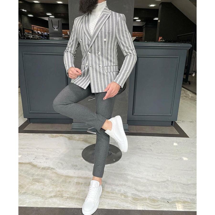 テーラードジャケット ダブル ブレザー ストライプ 縦横 ストレッチ