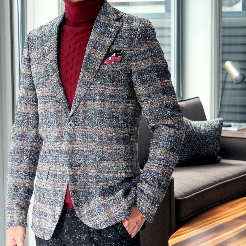 ツイード テーラードジャケット チェック ブレザー 青 ブルー メンズ