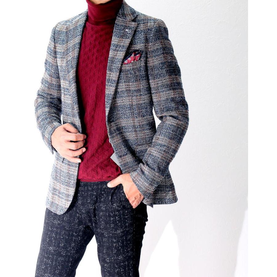 ツイード テーラードジャケット チェック ブレザー 青 ブルー