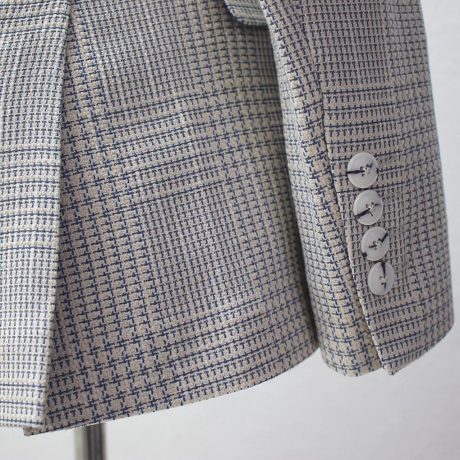 テーラードジャケット チェック ブレザー アイボリー 青 メンズ タイト