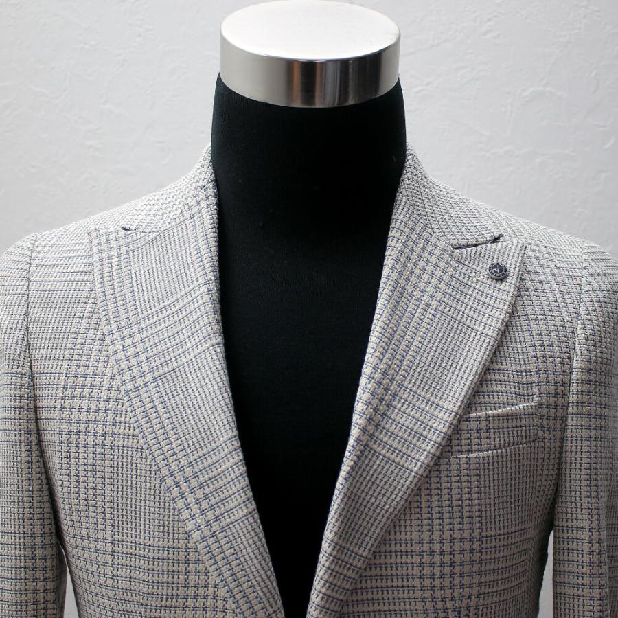 テーラードジャケット チェック ブレザー アイボリー 青 メンズ タイト