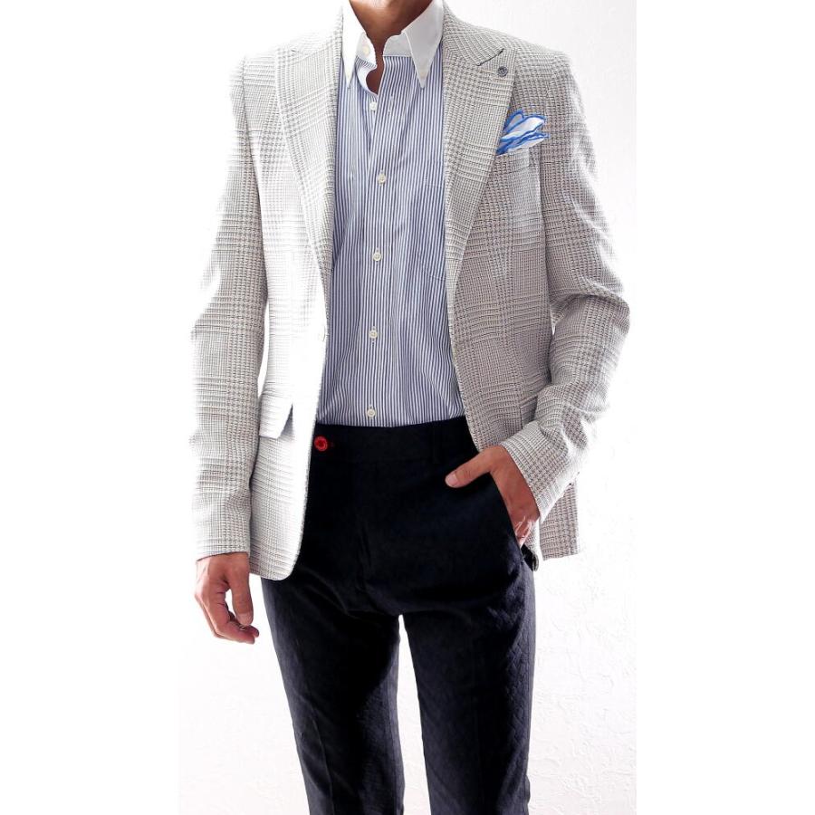 テーラードジャケット チェック ブレザー アイボリー 青 メンズ タイト