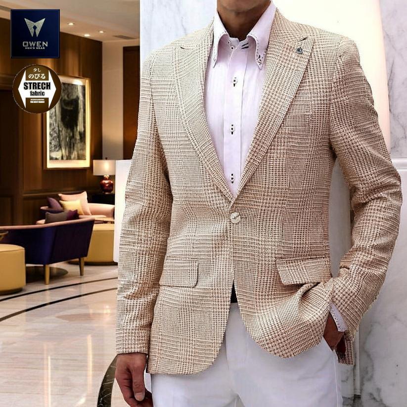 テーラードジャケット チェック ブレザー ベージュ メンズ