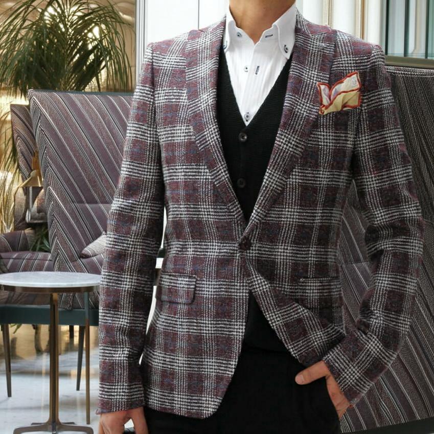 ツイード テーラードジャケット チェック ブレザー エンジ