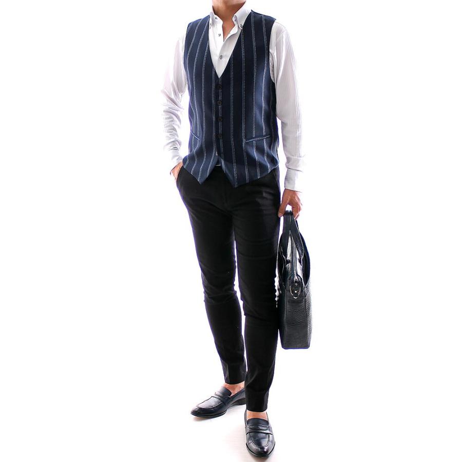 ジレ 前開き ベスト ストライプ 紺青 メンズ XXXL 大きいサイズも入荷