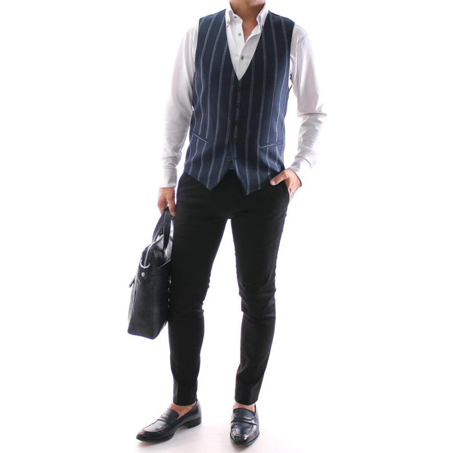 ジレ 前開き ベスト ストライプ 紺青 メンズ XXXL 大きいサイズも入荷