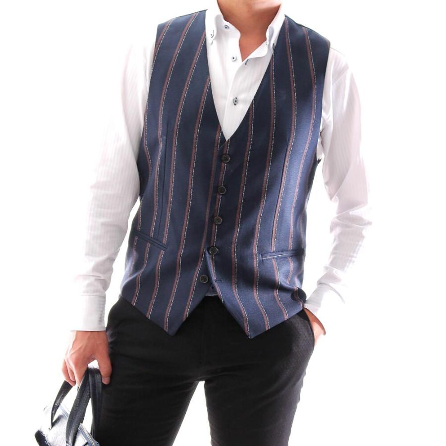 ジレ 前開き ベスト ストライプ 紺茶 メンズ XXXL 大きいサイズも入荷