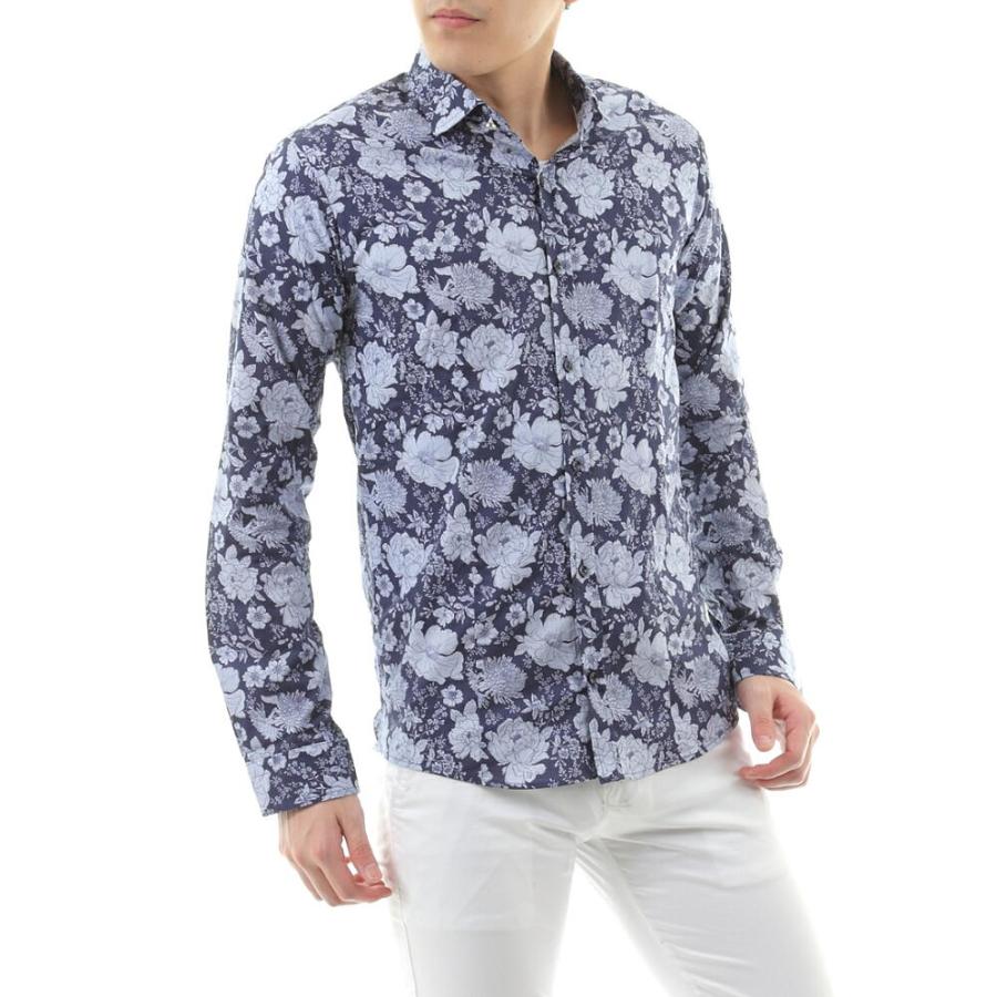 長袖シャツ 花柄 ストレッチ コットン メンズ 紺 : BIN-1