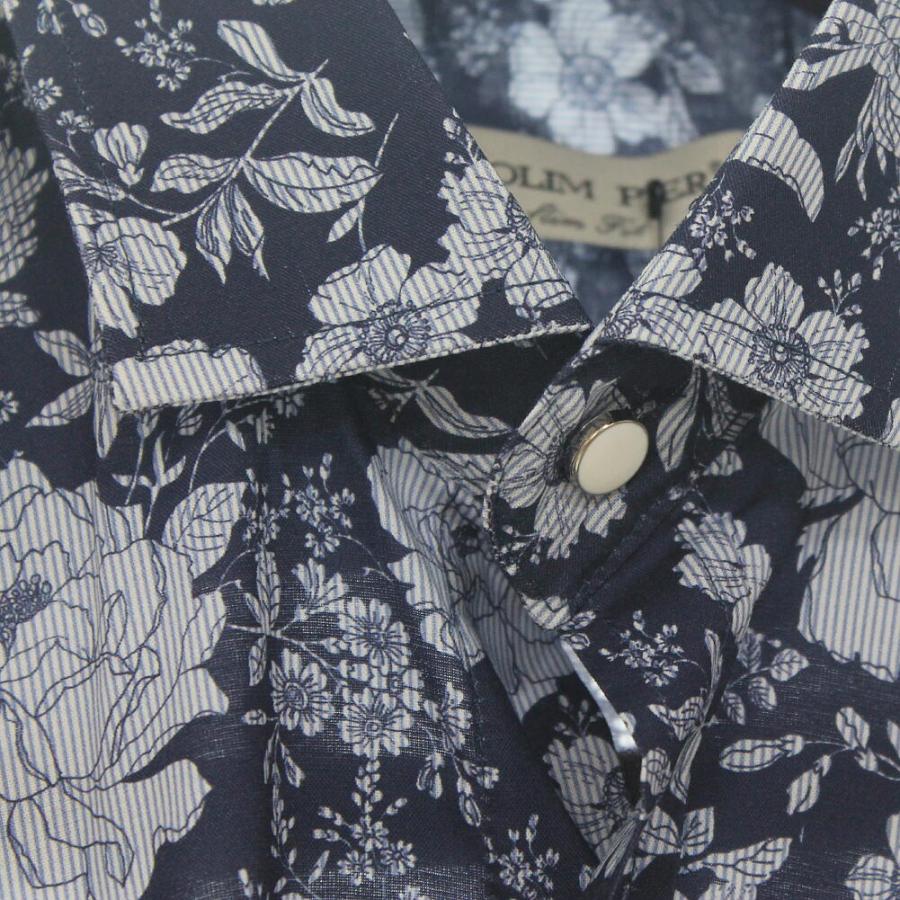 長袖シャツ 花柄 ストレッチ コットン メンズ 紺 : BIN-1 LIMITED