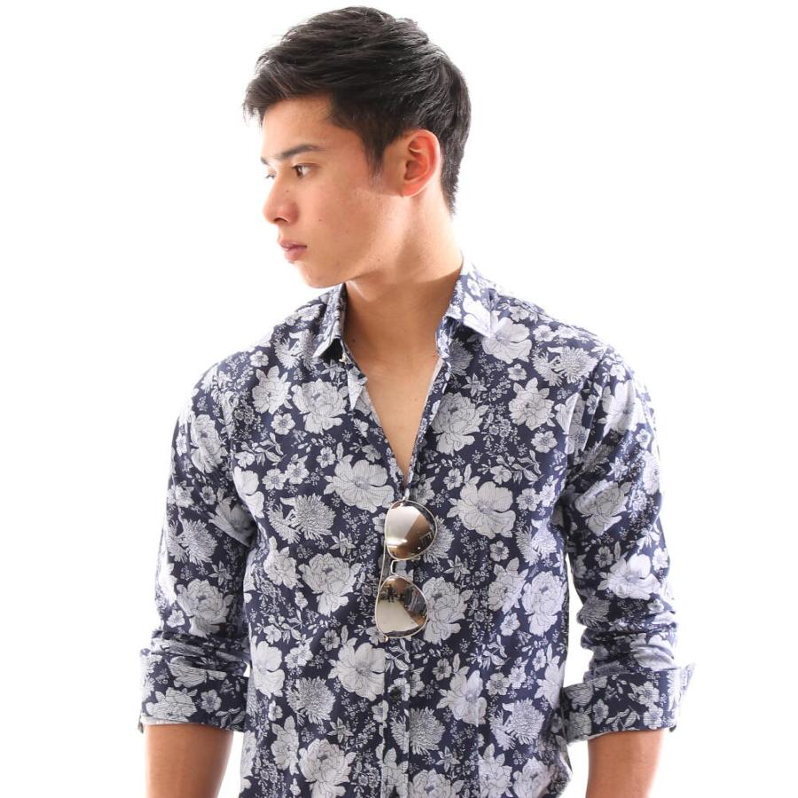 長袖シャツ 花柄 ストレッチ コットン メンズ 紺 : BIN-1