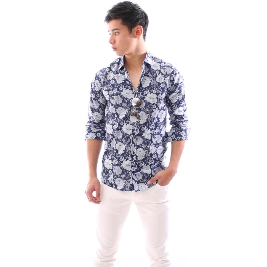 長袖シャツ 花柄 ストレッチ コットン メンズ 紺 : BIN-1 LIMITED