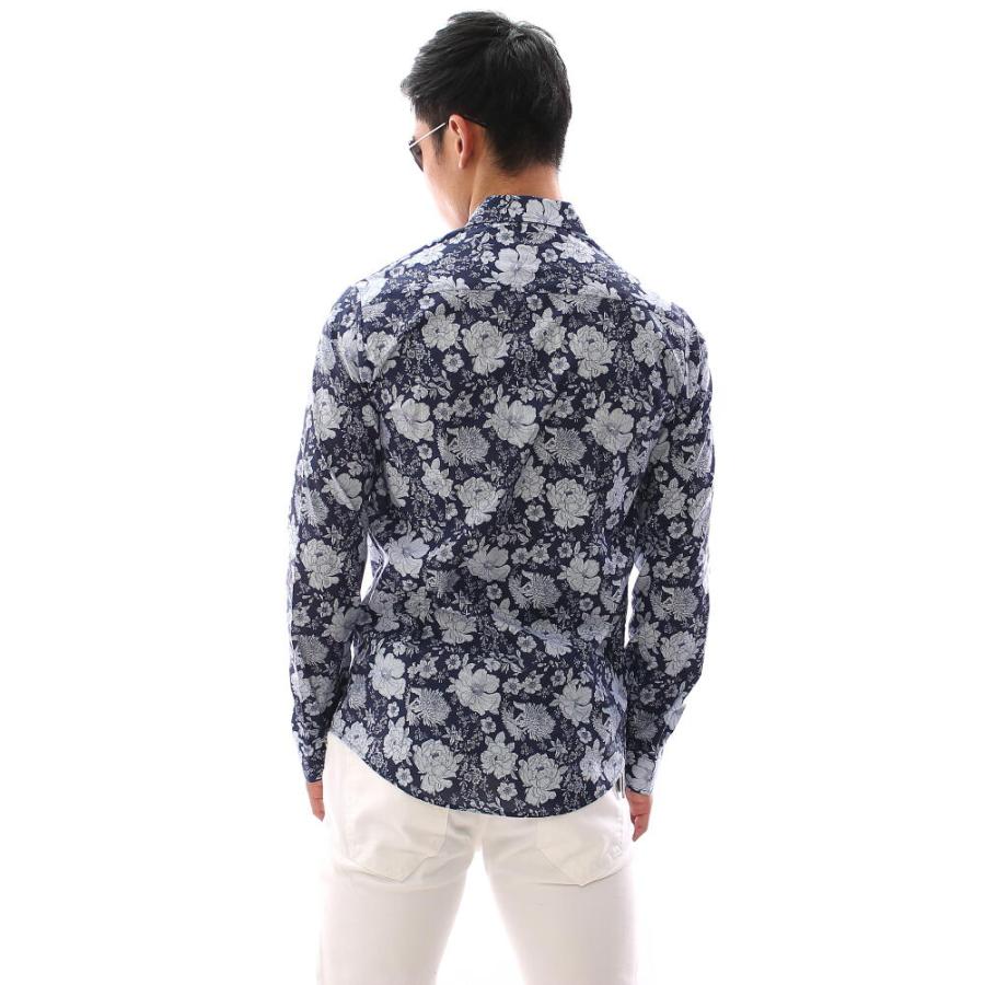 長袖シャツ 花柄 ストレッチ コットン メンズ 紺 : BIN-1 LIMITED