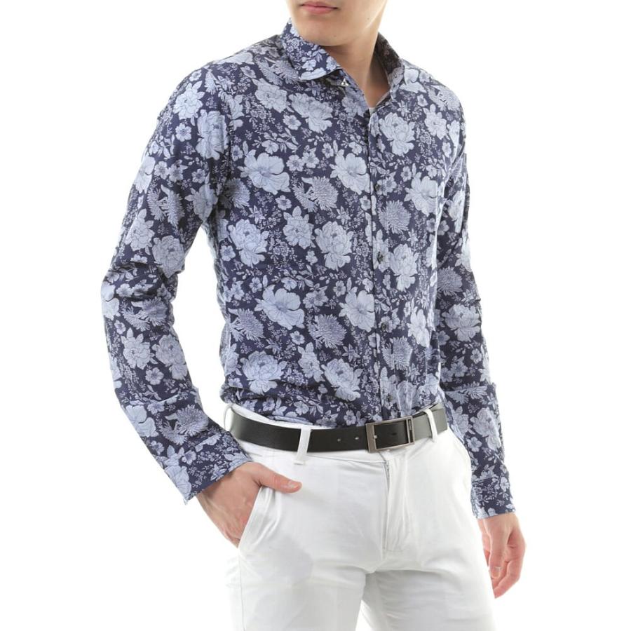 長袖シャツ 花柄 ストレッチ コットン メンズ 紺 : BIN-1 LIMITED