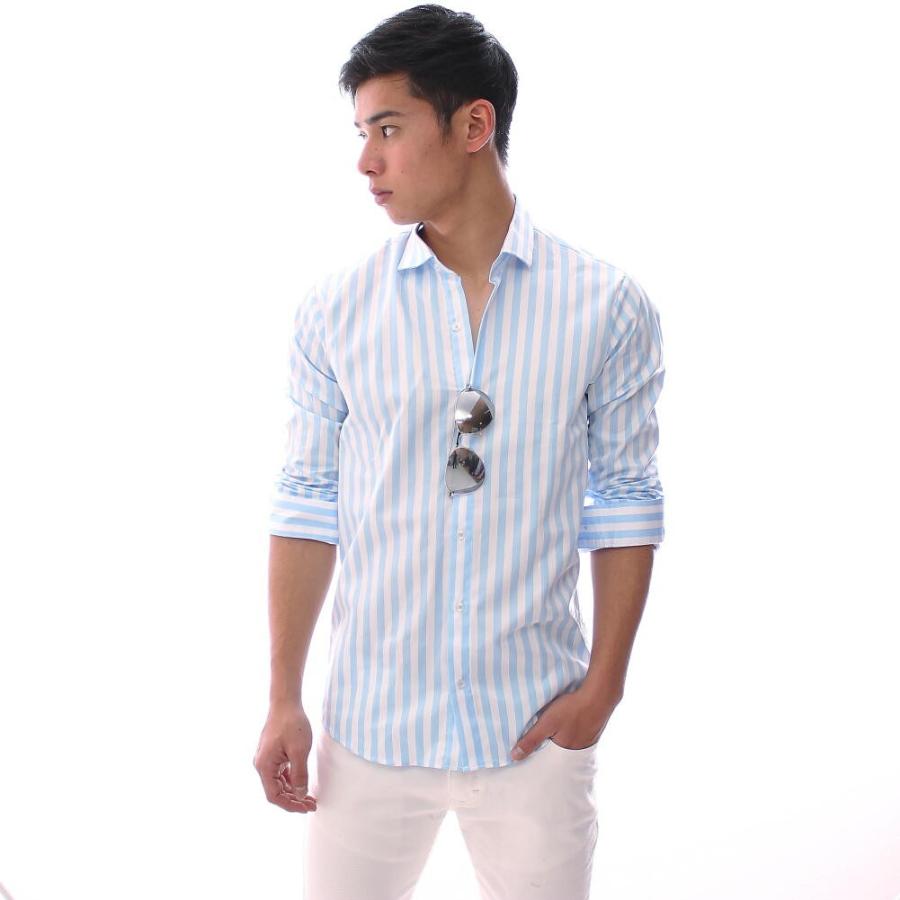 長袖シャツ ストライプ ビジネスシャツ コットン メンズ 紺/青/水色 S 