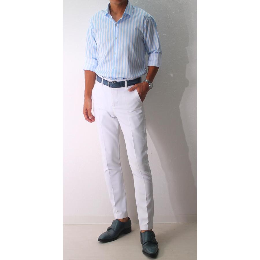 長袖シャツ ストライプ ビジネスシャツ コットン メンズ 紺/青/水色 S