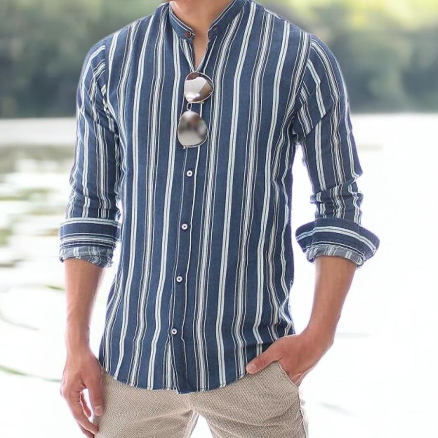 ダンガリーシャツ メンズ ストライプ 長袖シャツ バンドカラー