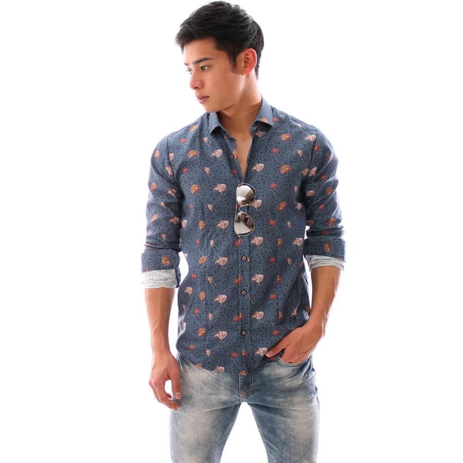 柄シャツ メンズ 長袖シャツ 花柄 紺 カジュアルシャツ コットン XXL