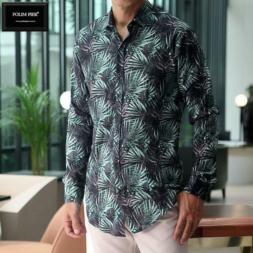 柄シャツ メンズ 長袖シャツ リゾート 葉っぱ柄 カジュアルシャツ