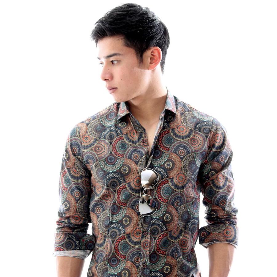 柄シャツ メンズ ストレッチ 長袖シャツ レトロ エスニック