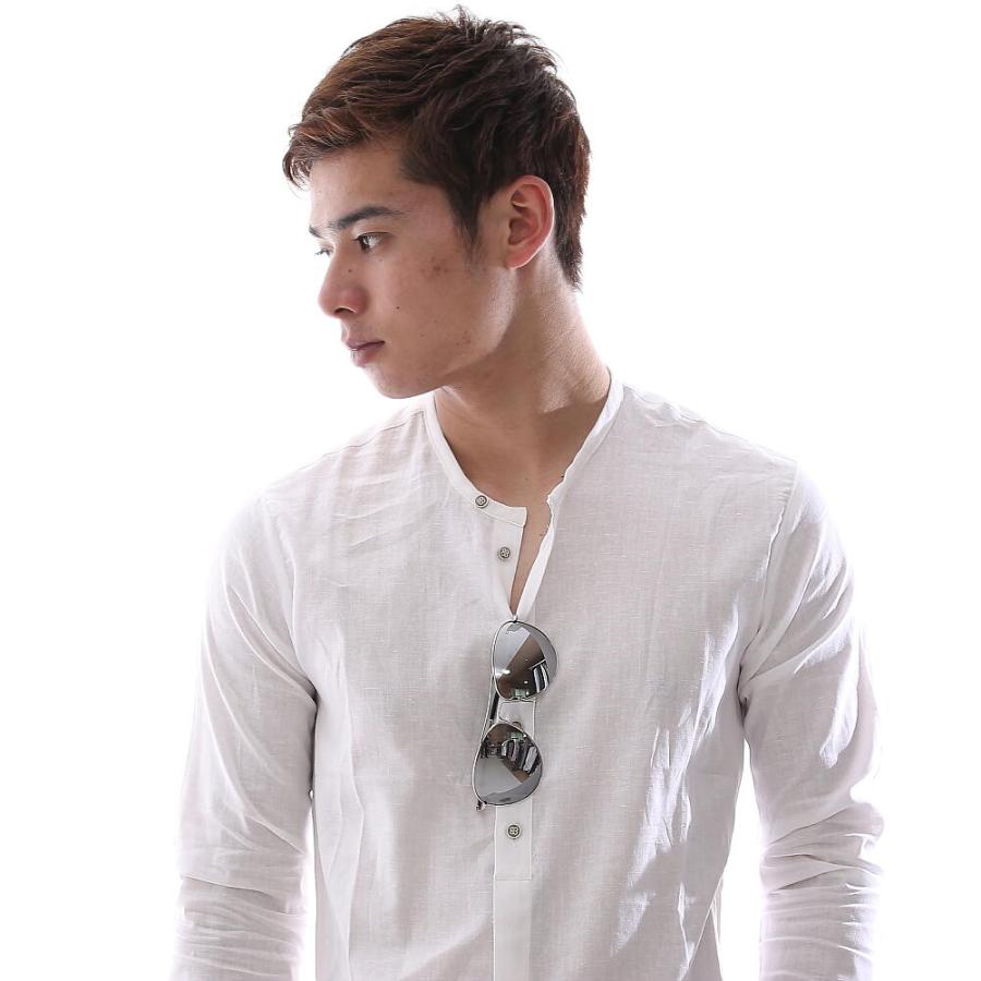 ホワイト 長袖シャツ M ノーカラー 長袖シャツ ヘンリーネック 麻 綿 薄手 メンズ 白