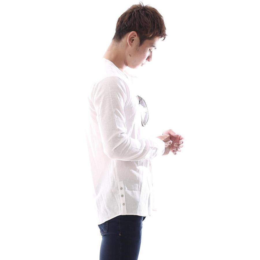ノーカラー 長袖シャツ ヘンリーネック 麻 綿 薄手 メンズ 白