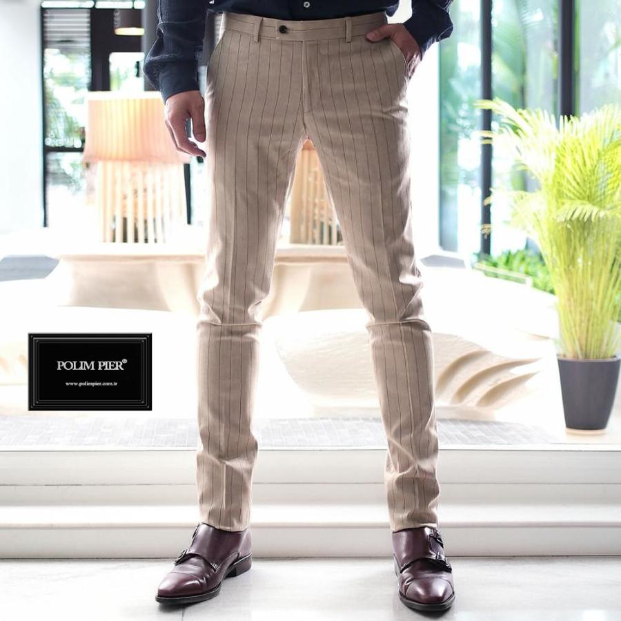 スラックス スキニー パンツ スリム ベージュ ストライプ ビジネス