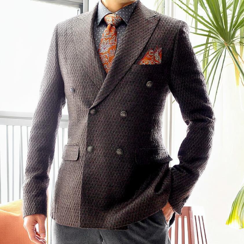 テーラードジャケット ダブル ブレザー メンズ 茶 タイト/スリム