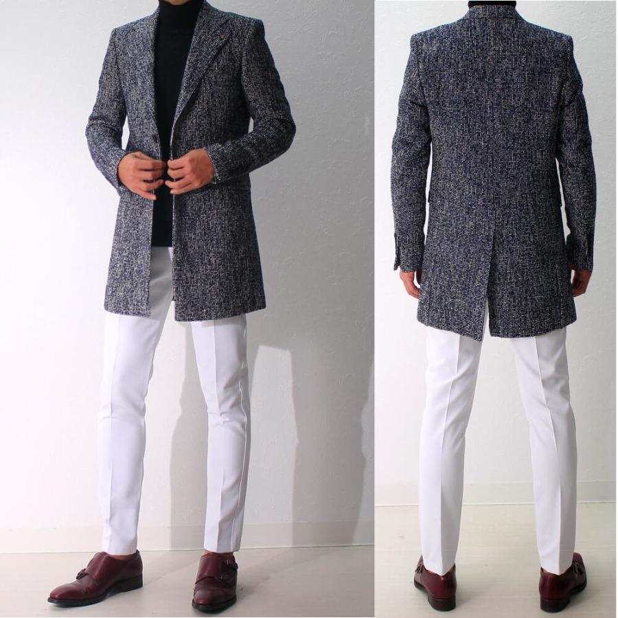 チェスターコート ツイード ハーフコート メンズ シングル 紺/ネイビー