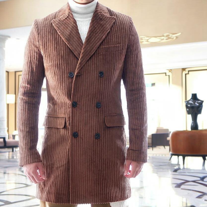 お*き様 ZEGNA Machinò ウールコート メンズ茶系 コーデュロイ襟 チェスターコート 茶 コーデュロイ ハーフコート メンズ ダブル 30代