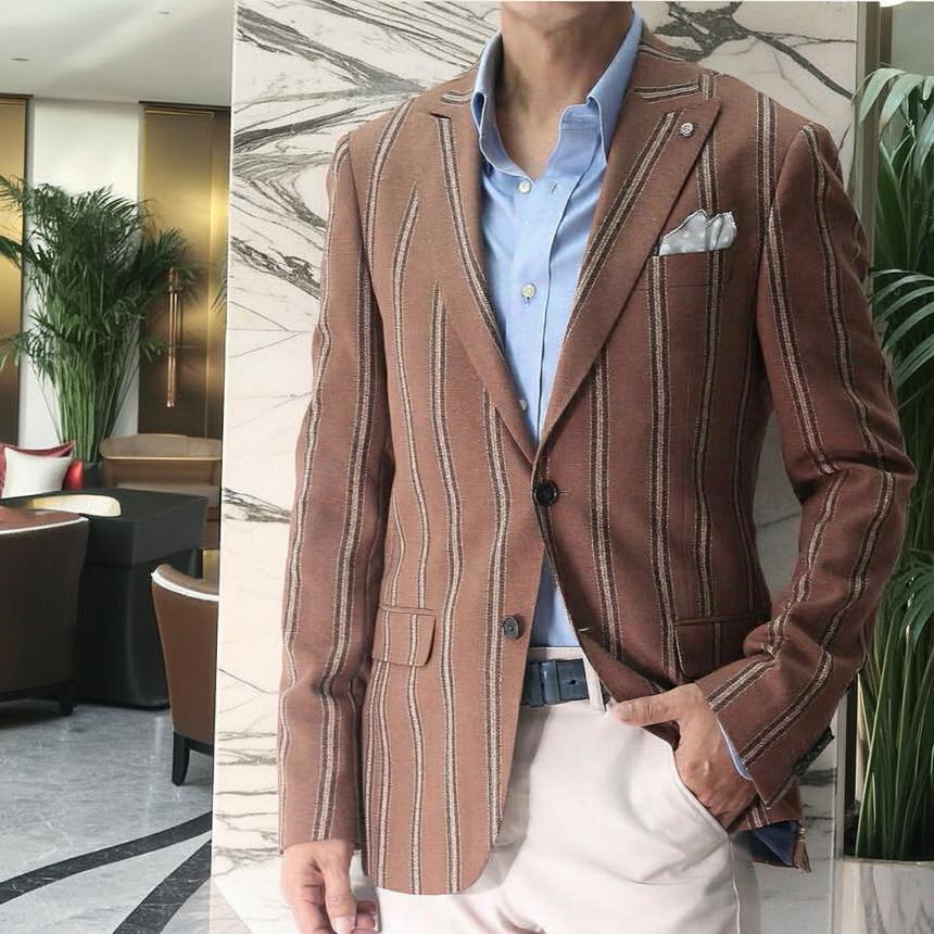 美品✨Etro テーラードジャケット 幾何学 ストライプ XL 茶色 メンズ ETRO エトロ メンズ テーラードジャケット サイズ：48(L位