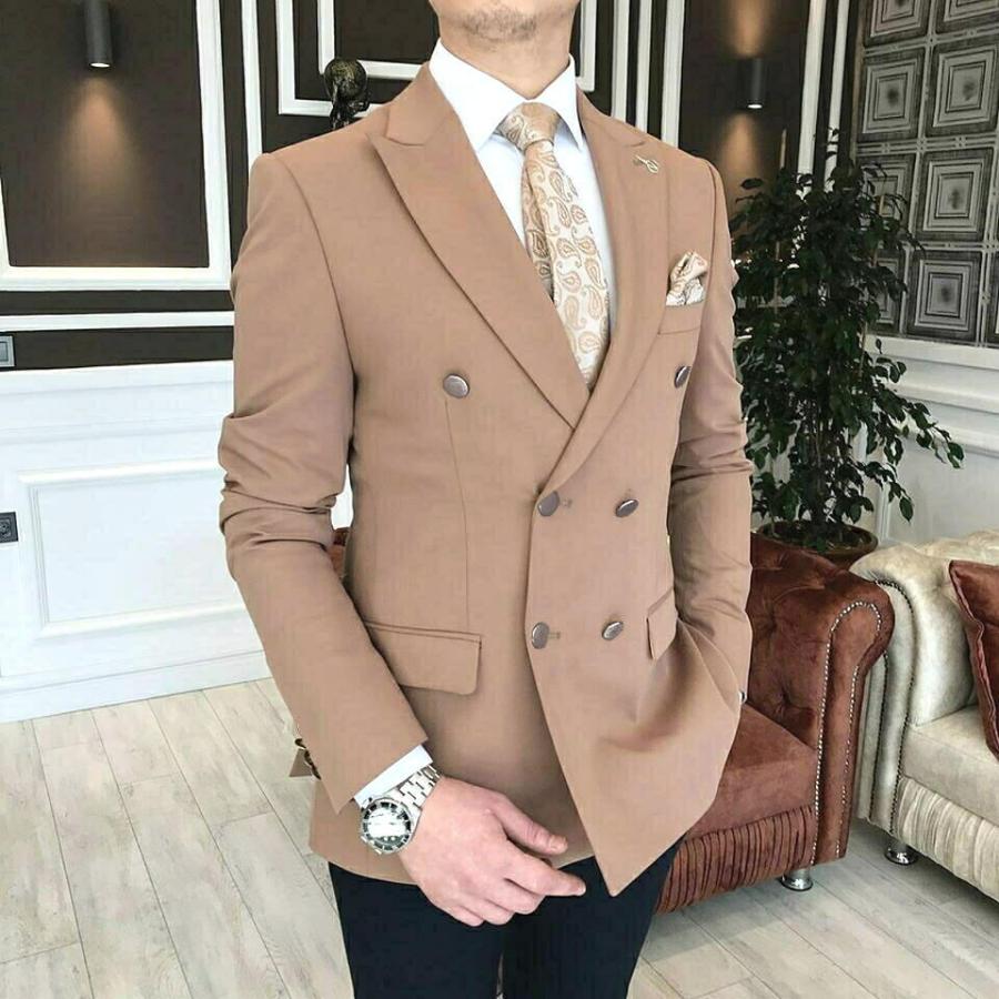 ブレザー ダブル ストレッチ キャメル ガンメタボタン ビジネス