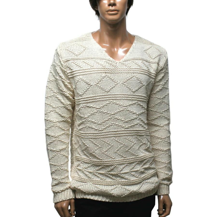 幾何学模様 ホワイトセーター M Vネック セーター ニット メンズ オフ白/幾何学模様 : BIN-1 LIMITED
