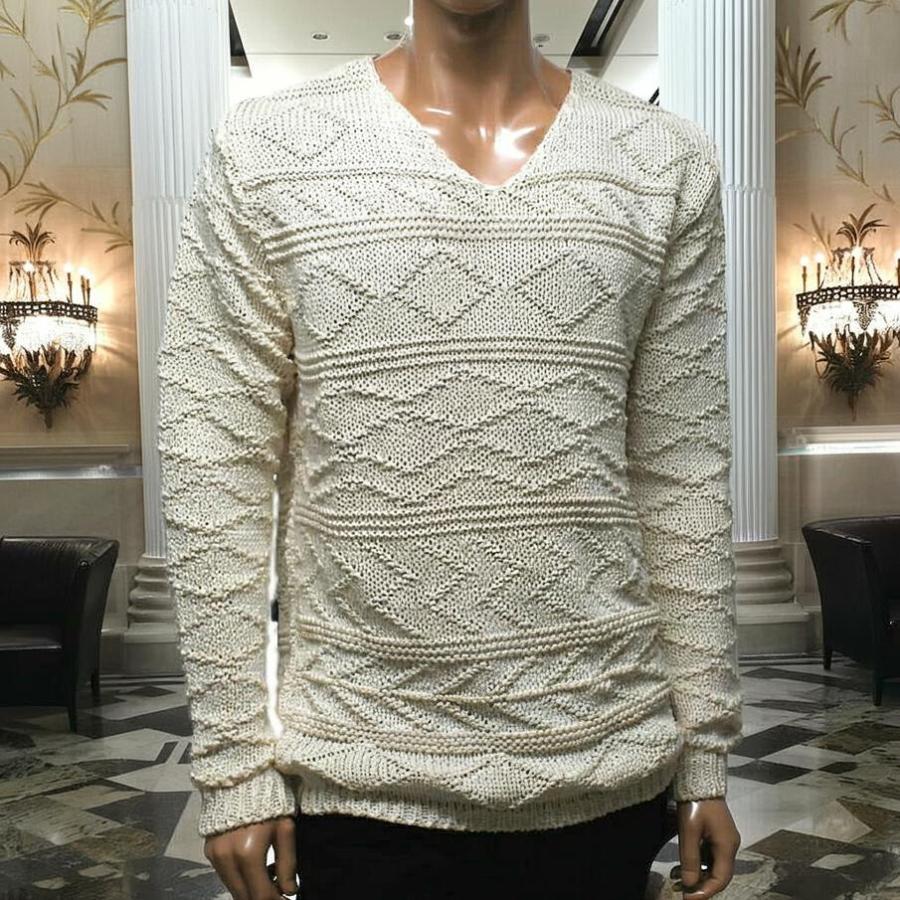 Vネック セーター ニット メンズ オフ白/幾何学模様 : BIN-1 LIMITED