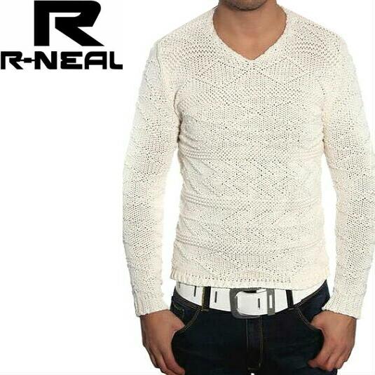 Vネック セーター ニット メンズ オフ白/幾何学模様 : BIN-1 LIMITED