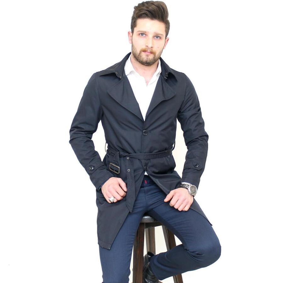 トレンチコート メンズ ハーフコート ビジネス ネイビー 紺 細身