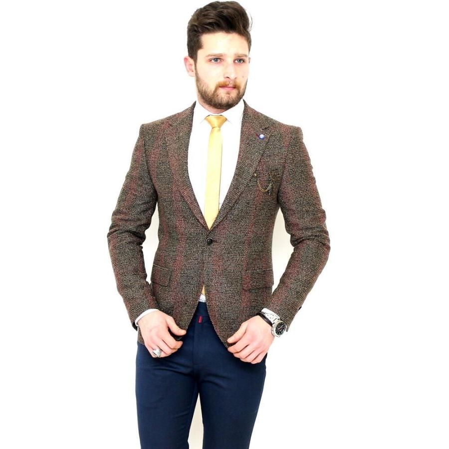 テーラードジャケット ブレザー メンズ チェック ブラウン 茶 ビジネス ジャケパン 一つボタン 細身 タイト シルエット Scorpion14brown Bin 1 Limitedヤフーショップ 通販 Yahoo ショッピング