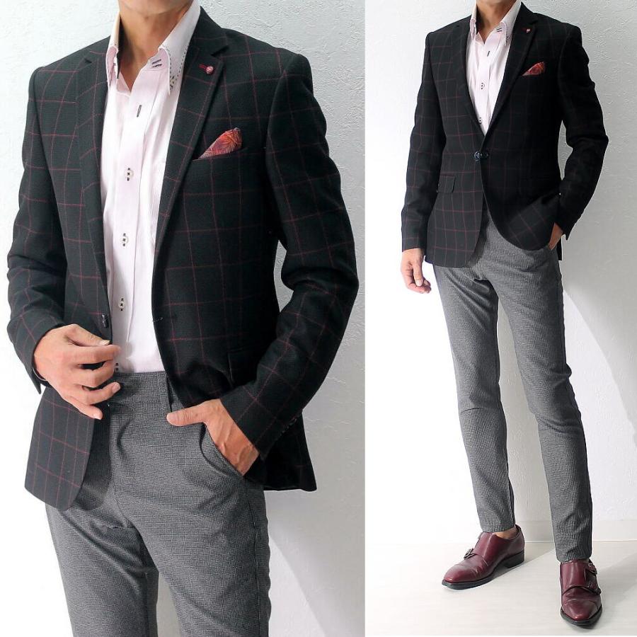 ブレザー テーラードジャケット メンズ 秋冬春 チェック 黒