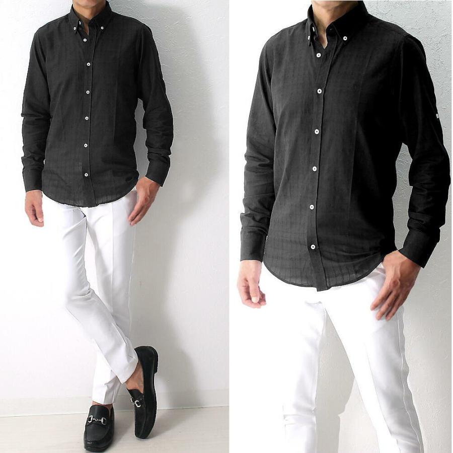 ボタンダウンシャツ 長袖シャツ 薄手 紺/黒 チェック 薄地