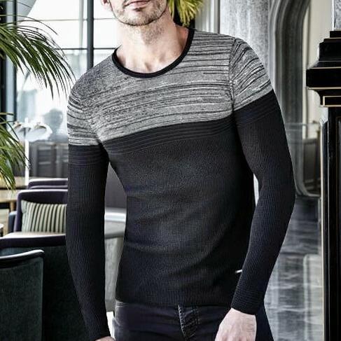 ニット セーター メンズ スプリングニット グレー黒 ボーダー切替 薄地