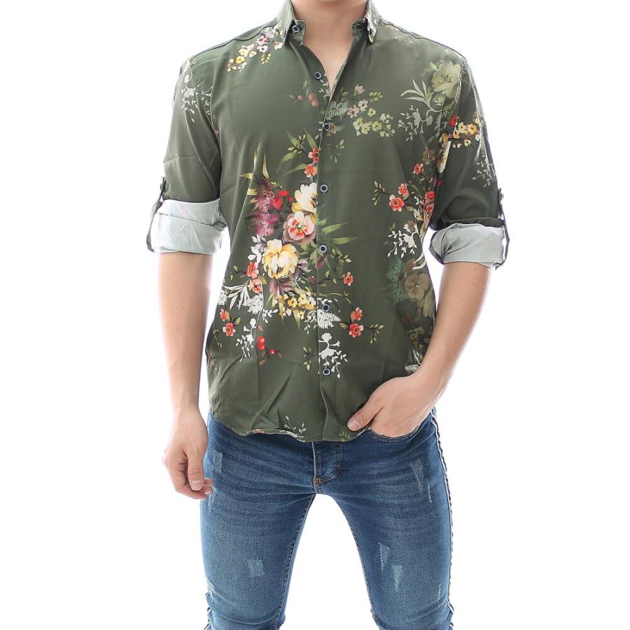 柄シャツ 花柄 長袖シャツ ストレッチ メンズ 緑 エンジ 大きいサイズ 