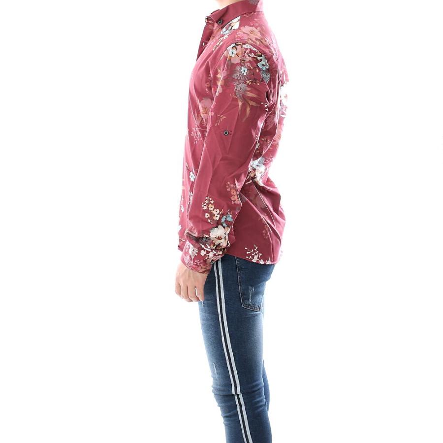 柄シャツ 花柄 長袖シャツ ストレッチ メンズ 緑 エンジ 大きい