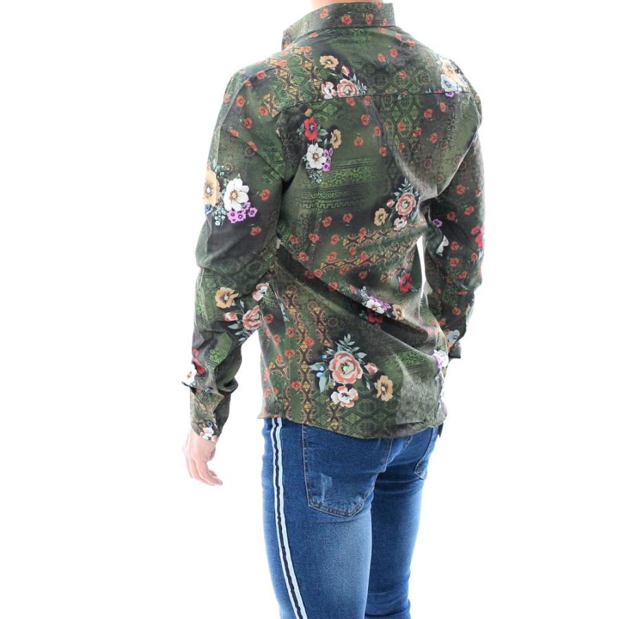 柄シャツ 花柄 長袖シャツ ストレッチ メンズ 緑 大きいサイズも入荷 